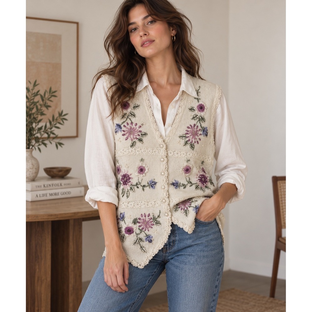 VTG Carolyn Taylor Floral Embroidered Vest 3X Ivory Pearl Cottagecore Grandma
